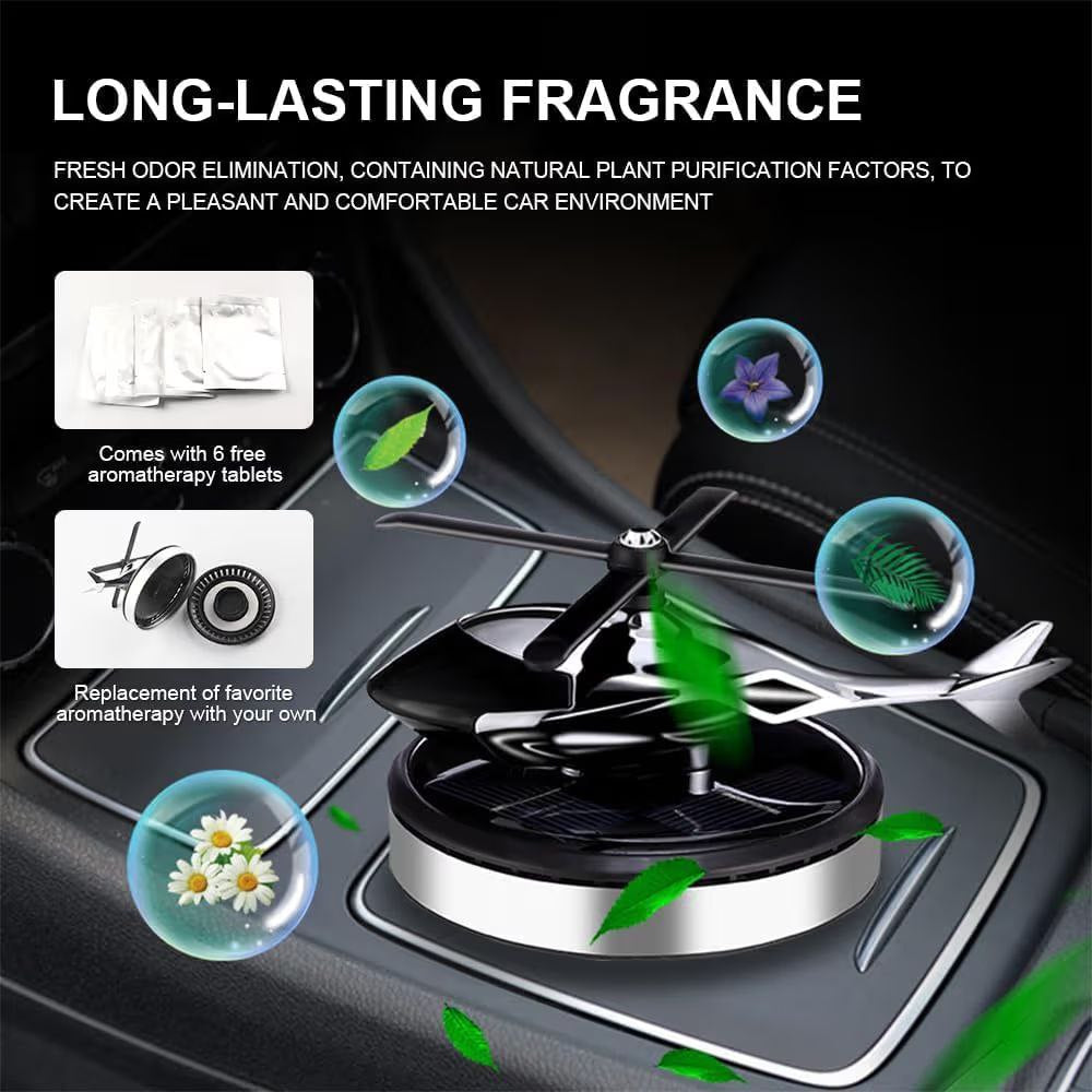 Solar Powered Car Perfume Diffuser/Dispenser | Helicopter Design, Auto Rotation Fan | for Car Dashboard with Perfume Liquid & Organic Fragrance
